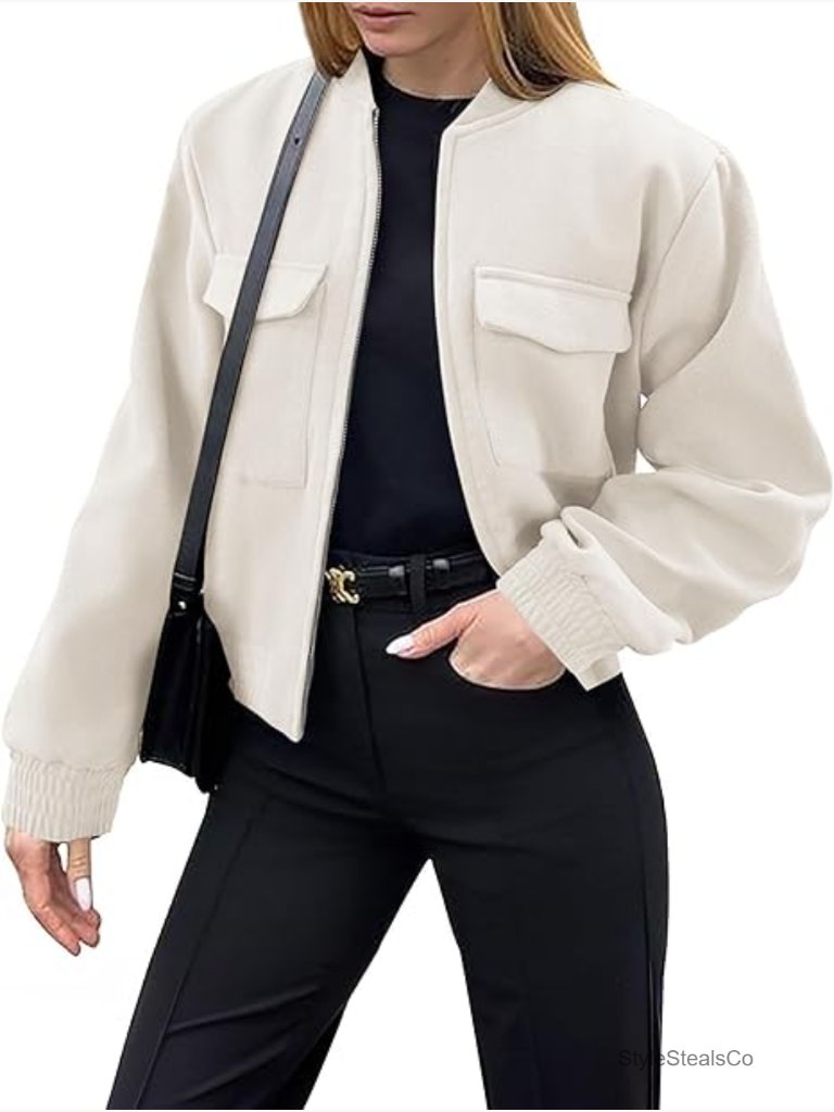 Cropped Bomber Jacket Stand Collar Long Sleeve Zip Up Shackets With Pockets